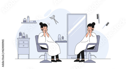 Woman's Haircut Regret: Anxious customer in salon chair with stylist tools in the air