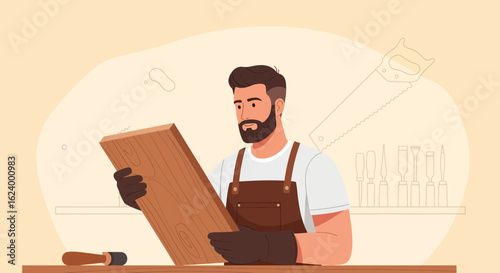 Woodworker Inspecting A Plank Of Lumber In Workshop For Design And Planning