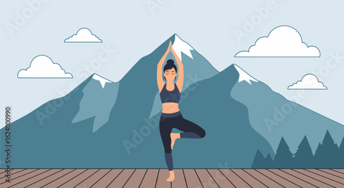 Woman Practicing Yoga In Tree Pose With Mountain Landscape Backdrop