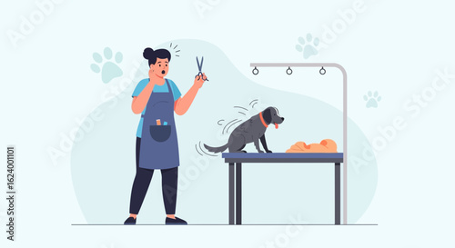Worried Dog Groomer With Scissors And Shaking Dog During Grooming Session