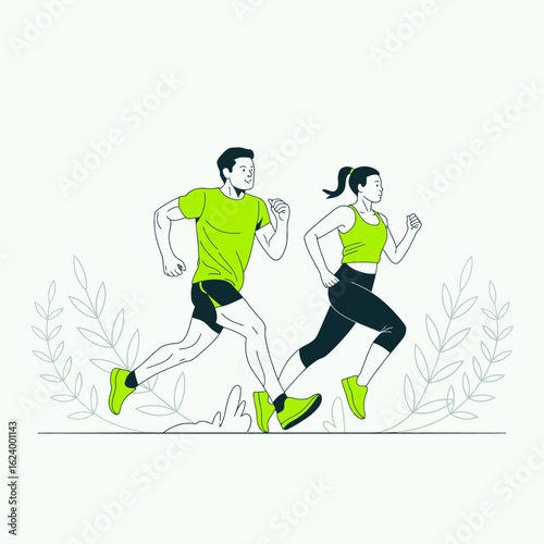 A vibrant illustration of a couple running together in nature, showcasing their fitness journey and companionship, with greenery surrounding them for a lively atmosphere.
