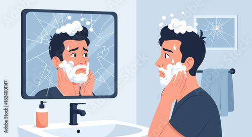 Worried Man Shaving Face In A Bathroom With A Broken Mirror And Picture Frame