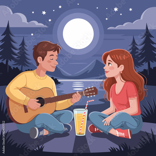 A romantic scene depicting a couple sitting by a lake, playing guitar under a full moon, creating a serene atmosphere surrounded by nature and intimate moments shared.