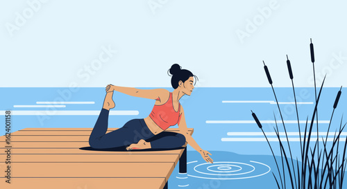 Woman Practicing Yoga Poses By The Lake On A Wooden Pier In Nature