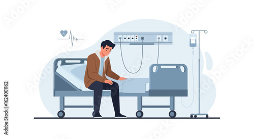 Worried Man Sits On Hospital Bed Thinking About Health Problems