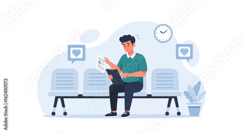 Worried man waiting nervously with documents in hand in the waiting room
