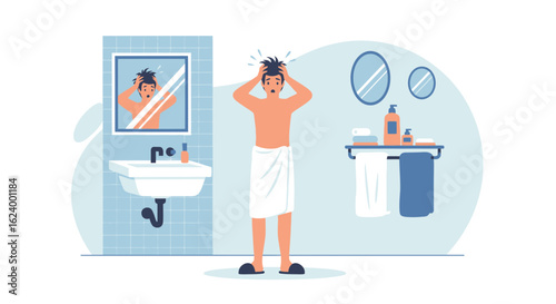 Worried Man With Messy Hair Looking In The Mirror In The Bathroom