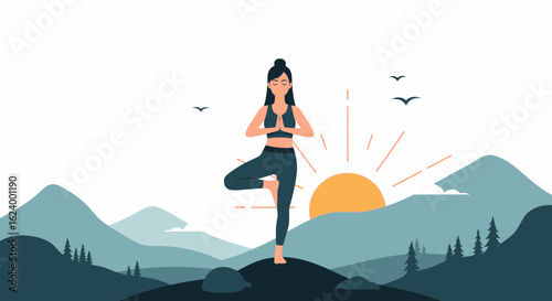Woman Practicing Yoga Tree Pose Outdoors At Sunrise On Top Of Mountain