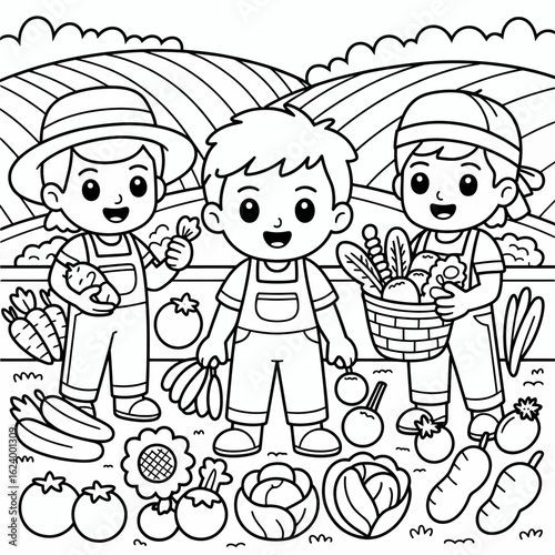 Three cheerful boys are gathered on a farm holding fresh vegetables, portraying a cartoon style that conveys innocence and the joy of farm life with a bright background.