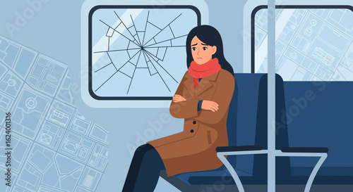 Worried woman on a train with a broken window, illustration depicting safety concerns and urban transportation challenges