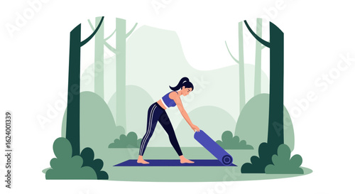 Woman Prepares For Yoga Practice In A Serene Woodland Environment