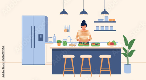 Woman Prepares Healthy Lunch Boxes in a Bright Modern Kitchen Interior