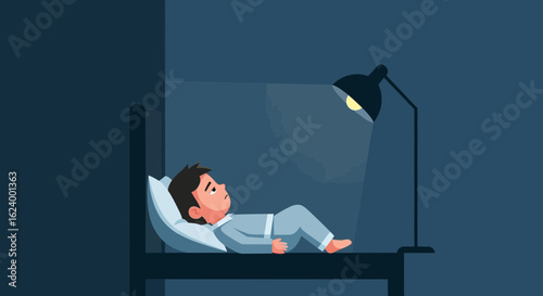 Worried Young Boy Insomnia At Night Under Lamp Light Illustration