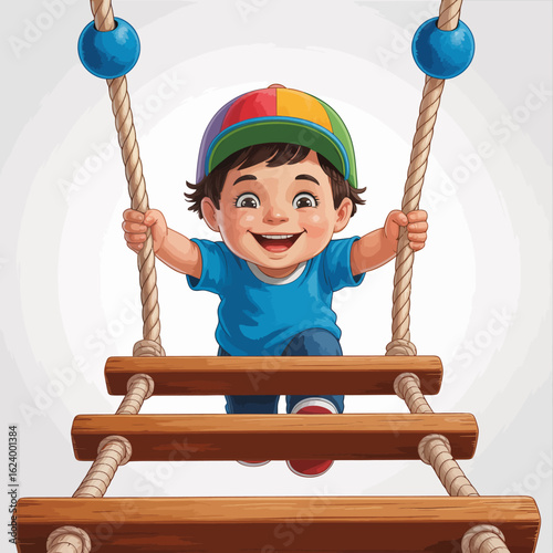 A young boy smiles widely while climbing a wooden ladder, symbolizing adventure, exploration, and joyfulness, surrounded by a light-hearted atmosphere full of vibrant colors.