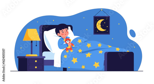 Worried Young Boy Unable To Sleep In His Bed At Night Illustration