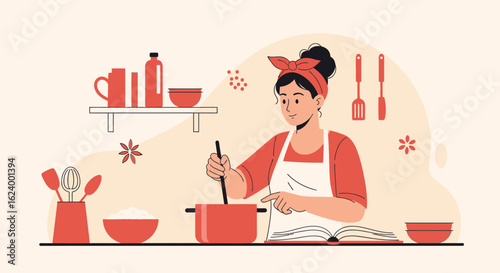 Woman Preparing Food Following a Recipe in the Kitchen Illustration