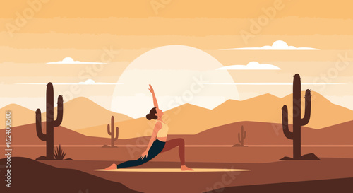 Yoga Retreat At Desert As Morning Sun Rises In Warm Tones Colors