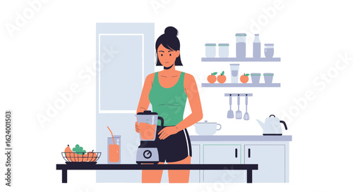 Woman Preparing Healthy Smoothie In A Modern Kitchen For A Balanced Diet