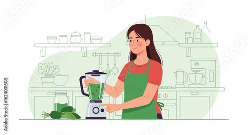 Woman Preparing Healthy Green Smoothie At Home In The Kitchen Area