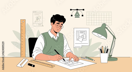 Young Architect Working On Project Blueprint In Office At His Desk