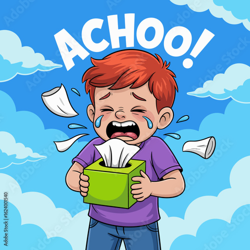 A young boy is dramatically expressing his sneeze while holding a tissue box, capturing the fun yet uncomfortable moment in a colorful sky setting.