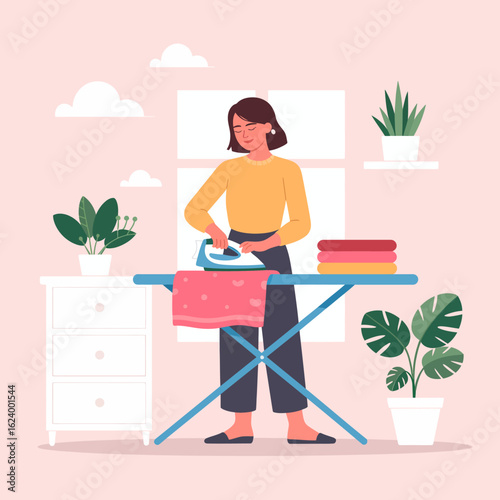 A concentrated woman is ironing a shirt in a stylish room filled with plants and colorful towels, highlighting the enjoyment of household chores and modern living.