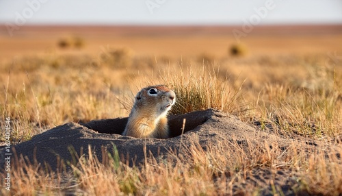 gopher peeking out of his mink in the astrakhan steppe closeup