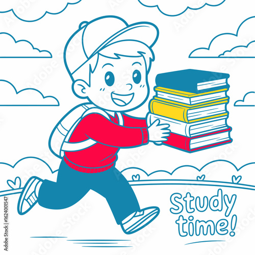 An enthusiastic child eagerly runs with a pile of school books, highlighting the importance of study time and the joy associated with learning in a lively environment.
