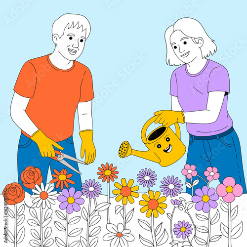 A cheerful scene depicting two friends happily gardening, watering colorful flowers and trimming plants, showcasing the joy of nature and collaboration in the garden.