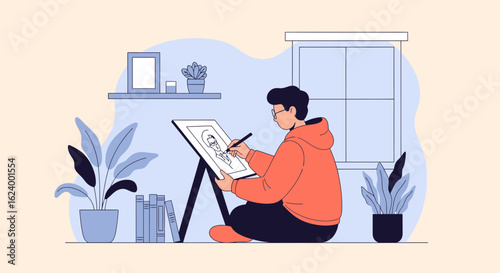 Young Artist Creates Portrait In A Peaceful Home Environment Filled With Plants