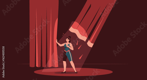 Woman Preparing To Start a Performance Behind The Curtain On Stage