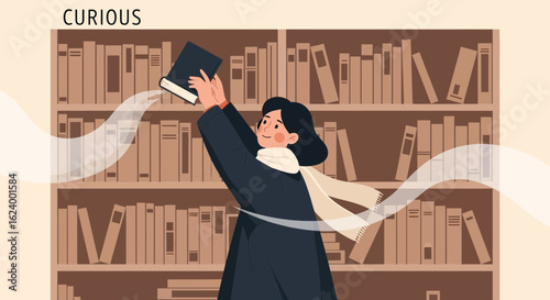 Woman Reaching For Book From Bookshelf Depicting Curiosity And Knowledge
