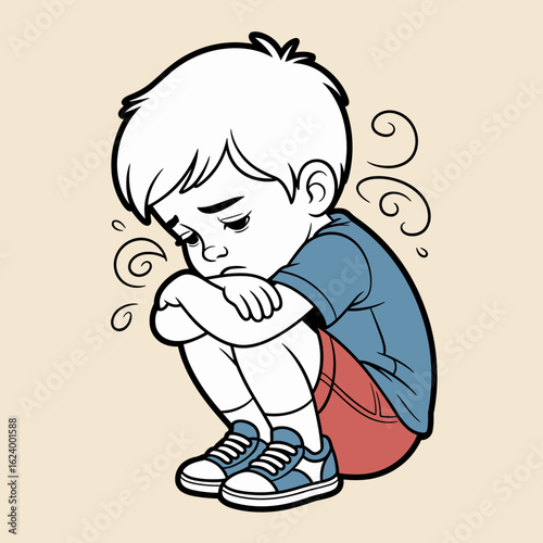 A distressed boy sits quietly with his knees hugging his chest, displaying a poignant moment of sadness and reflection against a minimalistic background.