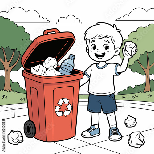 A joyful child is actively involved in proper recycling, disposing of paper and plastic into a large bin, exemplifying responsible behavior and the importance of eco-friendly practices.