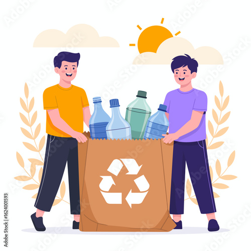 In a cheerful scene, two male friends lift a bag of recyclable bottles together, showcasing their commitment to helping the environment and teamwork.
