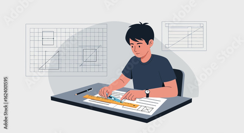 Young Architect Design Architectural Structure By Ruler At The Desk
