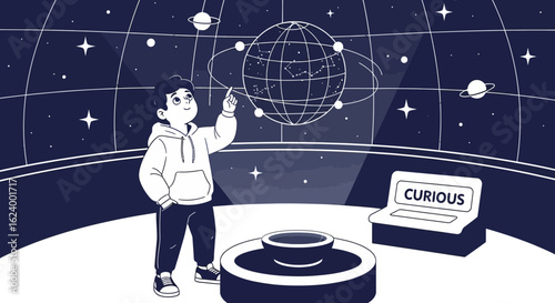 Young Astronomer Exploring The Cosmos At The Planetarium With Curiosity