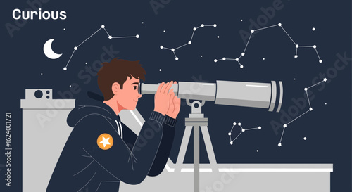 Young Astronomer Observes Night Sky With Telescope And Star Constellations