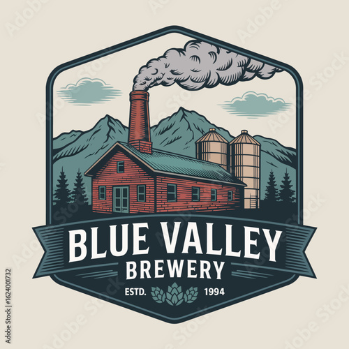 This vibrant logo design features a rustic brewery house set against majestic mountains, with a silo and chimney, representing the essence of craft brewing in a scenic landscape.