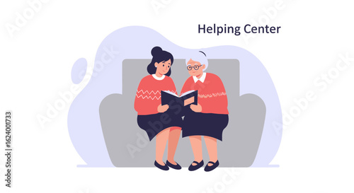 Woman Reading Book To Elderly Woman Illustration Giving Assistance At Home