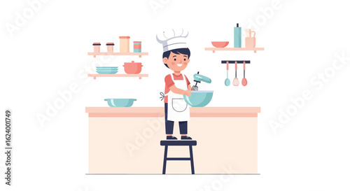 Young Baker Standing On Stool Mixing Ingredients In A Kitchen Setting