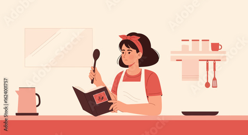 Woman Reading Recipe Book At Kitchen With Spoon In Hand Prepares Food