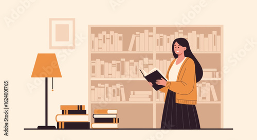 Woman Reading Novel Standing Near Bookshelves In Cozy Home Interior