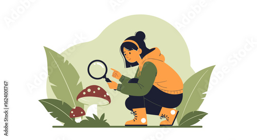 Young Botanist Exploring Nature With Magnifying Glass And Fungi In Forest