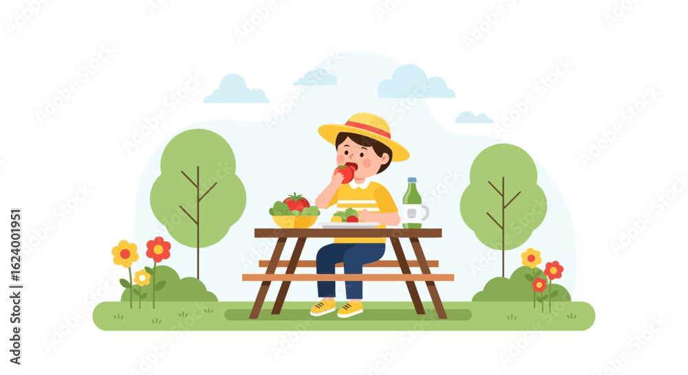Obraz premium Young Boy Enjoying Healthy Lunch At Picnic Table In Summer Park