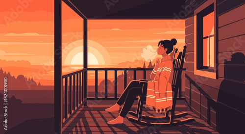 Woman Relaxes On Porch Enjoying Sunset View And Peaceful Moment