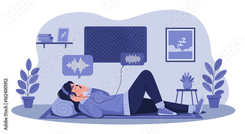 Woman Relaxing At Home Listening Music With Headphones Sound Asleep