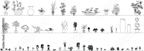 Black and White Potted Plant Front View Illustrations