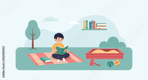 Young Boy Enjoying A Book Outdoors In A Peaceful Learning Environment