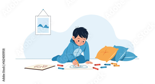 Young Boy Enjoys Creative Drawing Session At Home With Colorful Crayons